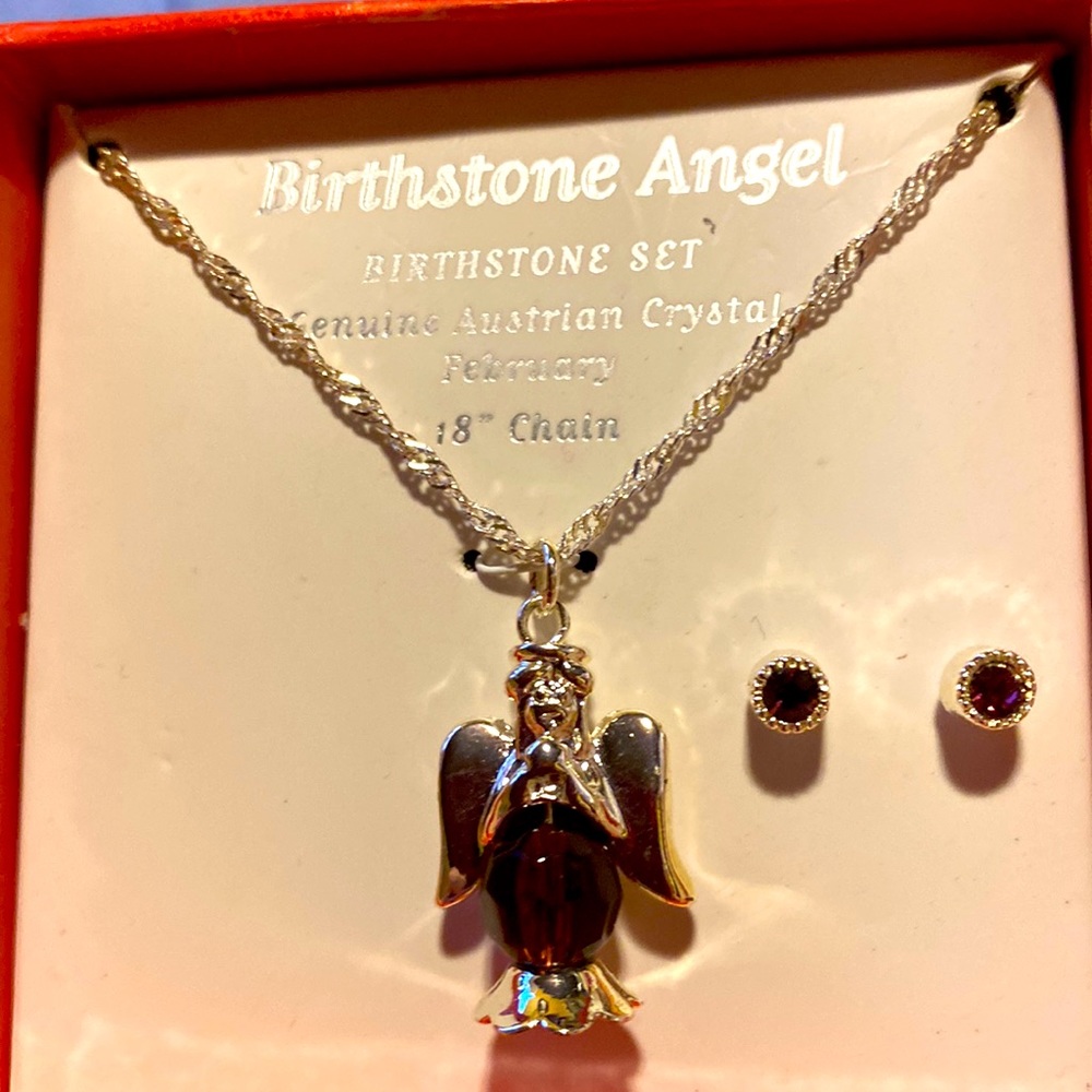February Birthstone Necklace & Earring Gift Set Box New 18” chain